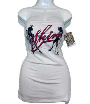 Y2K Skin Industries White Strapless Logo Angel Devil Mini Dress Lace Up Sz L